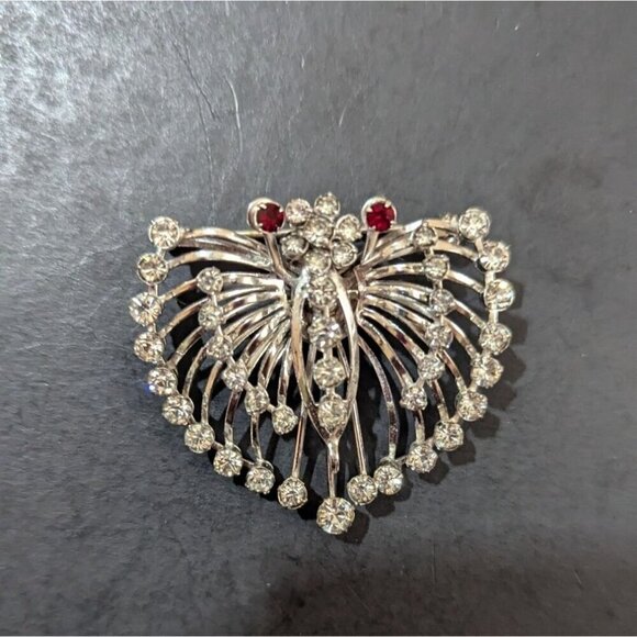 Vintage Rhinestone & faux Ruby Butterfly brooch pin silver tone - Picture 4 of 6